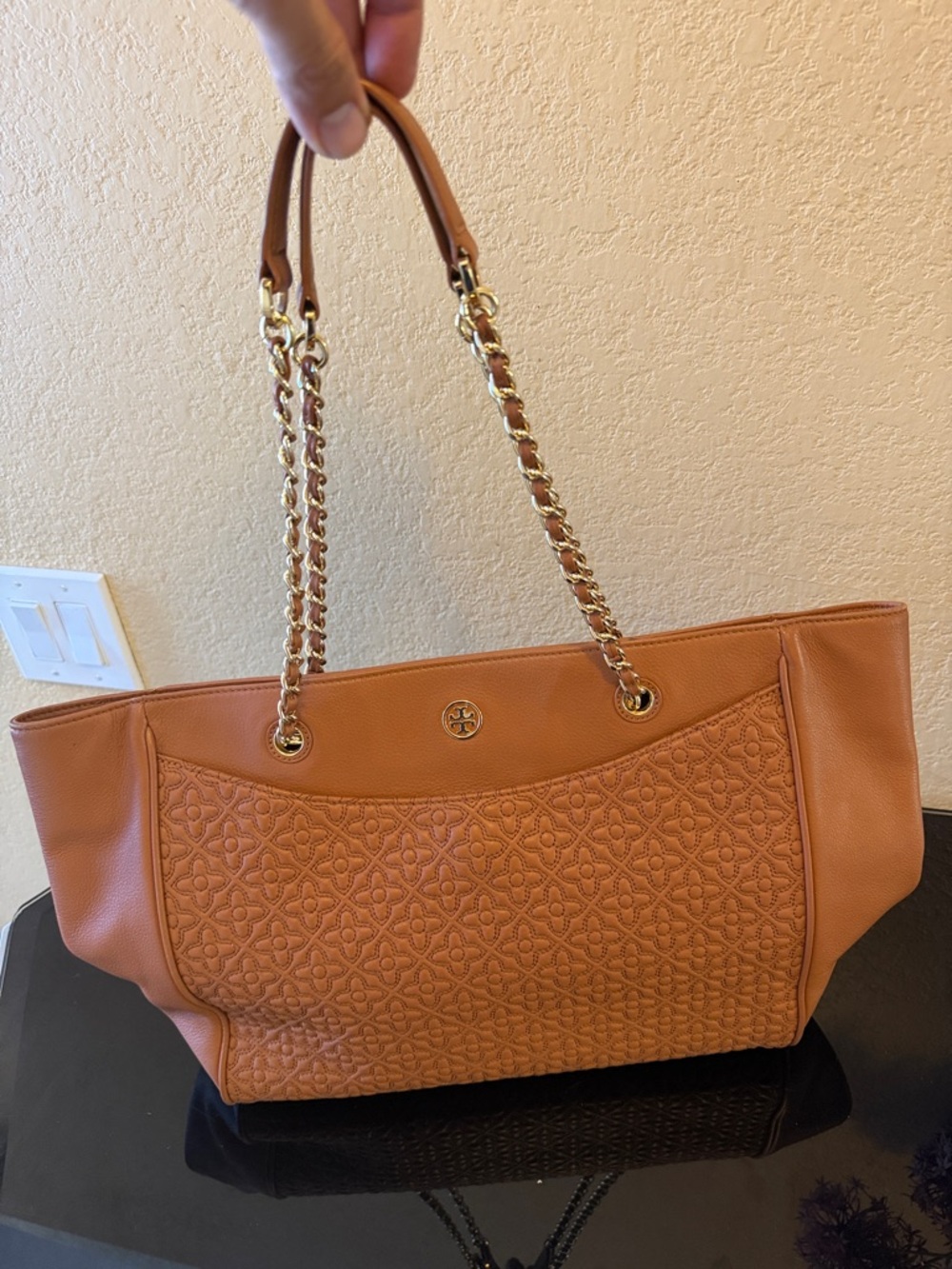 Tory Burch Cognac Quilted Leather Chain-Handle Tote